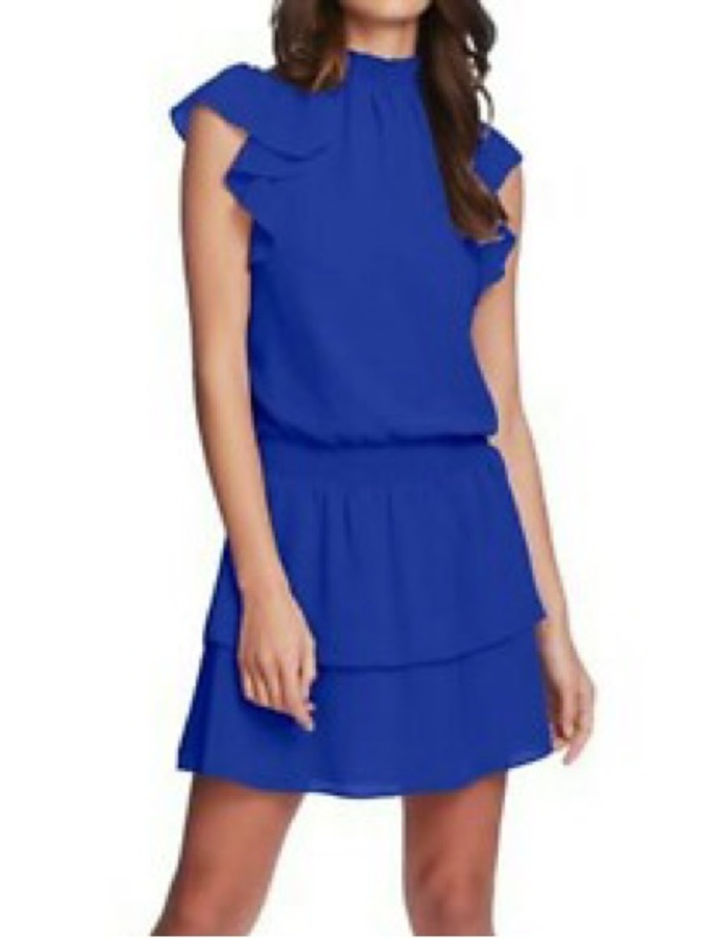 Blue Flowy Cap Sleeve Smocked Waist Layered Ruffle Skirt Mini Dress